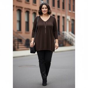 Alfani Woman XL Brown V-Neck Tunic Sweater 3/4 sleeve knit top
